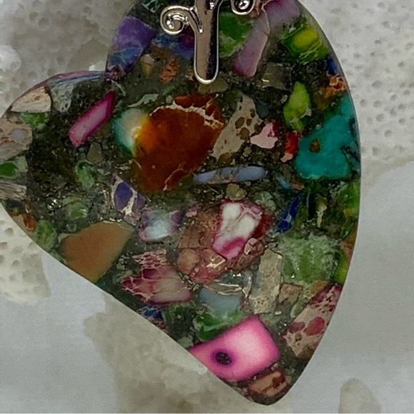 Multicolor Sea Sediment Jasper & Pyrite Heart on an Angle Pendant Agate Necklace - Picture 4 of 14